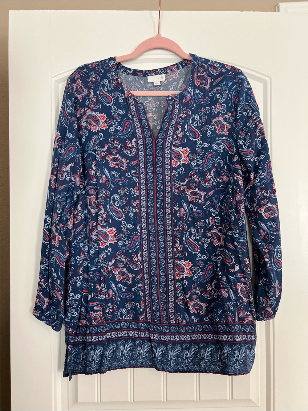 J Jill Women’s Paisley Print Long Sleeve Tunic Blouse Size Large Blue V Neck